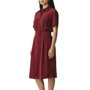 Vintage 80s Red 100% Silk Shirt Dress Womens Sz small 80s Button Down Belted